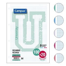 RECAMBIO PORTABLOC A4 CAMPUS CUADROS 5X5 120 HOJAS 90GM 5 COLORES PASTELES