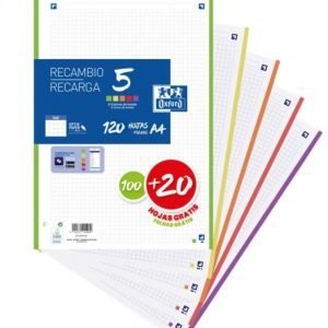 RECAMBIO PORTABLOC A4 OXFORD CUADROS 5X5 12O HOJAS 90GM 5 COLORES VIVOS