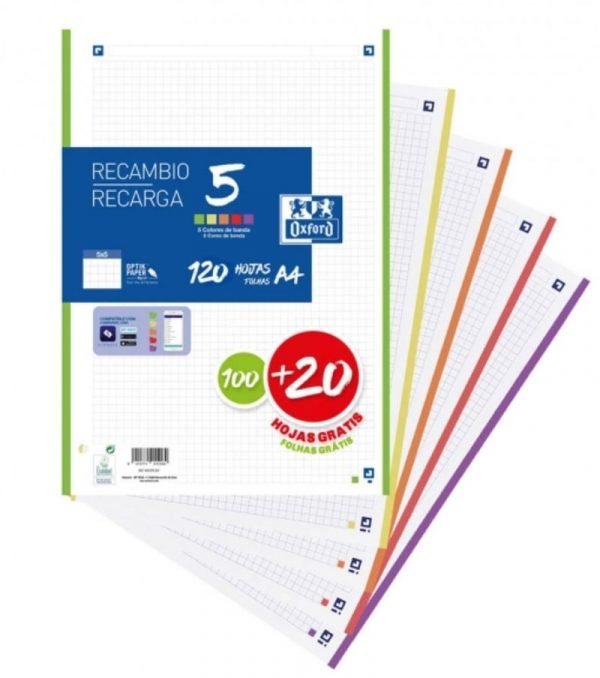 RECAMBIO PORTABLOC A4 OXFORD CUADROS 5X5 12O HOJAS 90GM 5 COLORES VIVOS
