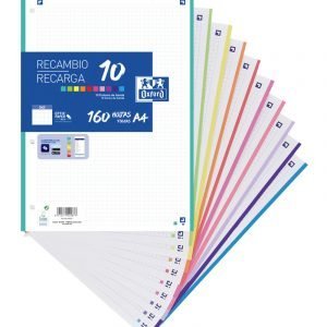 RECAMBIO PORTABLOC A4 OXFORD CUADROS 5X5 160 HOJAS 90GM 10 COLORES VIVOS
