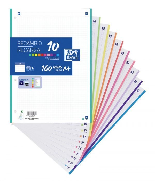 RECAMBIO PORTABLOC A4 OXFORD CUADROS 5X5 160 HOJAS 90GM 10 COLORES VIVOS