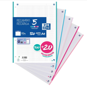 RECAMBIO PORTABLOC A4 OXFORD CUADROS 5X5 12O HOJAS 90GM 5 COLORES PASTELES