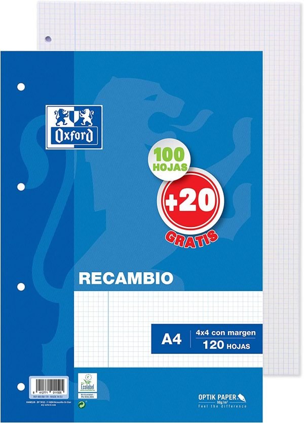 RECAMBIO PORTABLOC A4 OXFORD CUADROS 4x4 100 HOJAS 90GM