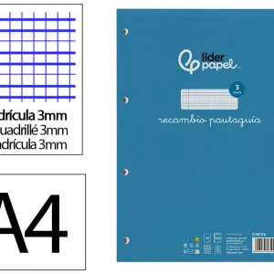 RECAMBIO LIDERPAPEL A4 PAUTAGUIA 100 HOJAS 75GR CUADRICULADO PAUTADO 3MM CON MARGEN 4 TALADROS