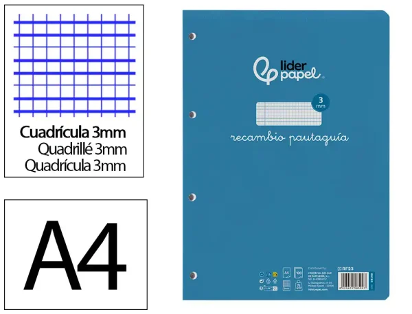 RECAMBIO LIDERPAPEL A4 PAUTAGUIA 100 HOJAS 75GR CUADRICULADO PAUTADO 3MM CON MARGEN 4 TALADROS