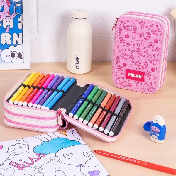 ESTUCHE PLUMIER TRIPLE MILAN FLOWICORN ROSA - Imagen 2