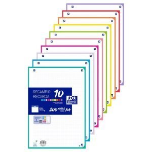 RECAMBIO PORTABLOC A4 OXFORD CUADROS 5X5 200 HOJAS 90GR 10 COLORES SURTIDOS