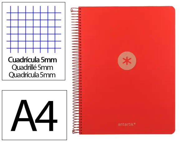 CUADERNO ESPIRAL ANTARTIK A4 CUADROS MICROPERFORADO 120H POLYFOAM COLOR ROJA - Imagen 2