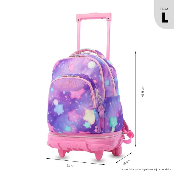 MOCHILA TOTTO ESCOLAR CARRO DESMONTABLE ESTRELLAS LILA - Imagen 4