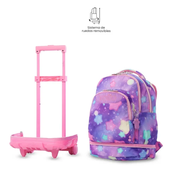MOCHILA TOTTO ESCOLAR CARRO DESMONTABLE ESTRELLAS LILA - Imagen 6