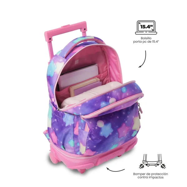 MOCHILA TOTTO ESCOLAR CARRO DESMONTABLE ESTRELLAS LILA - Imagen 7