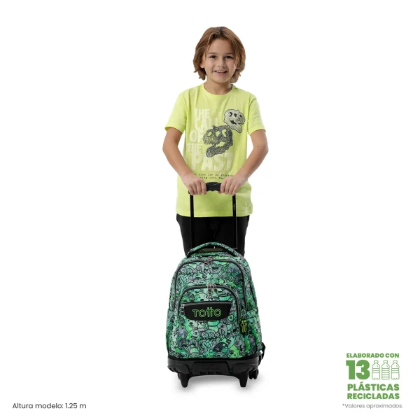 MOCHILA TOTTO ESCOLAR CARRO FIJO ESTAMPADO VERDE - Imagen 2