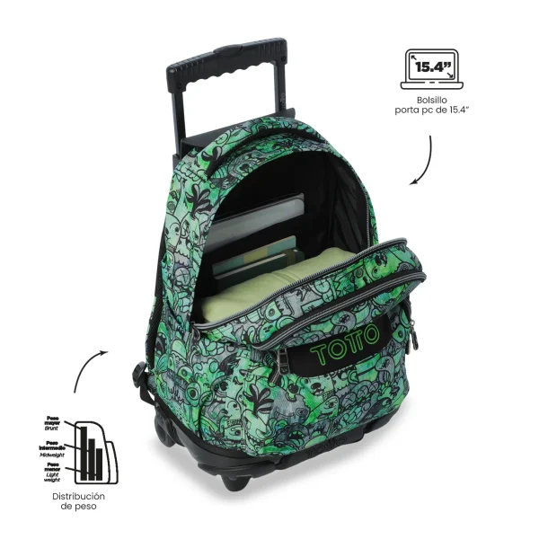 MOCHILA TOTTO ESCOLAR CARRO FIJO ESTAMPADO VERDE - Imagen 5