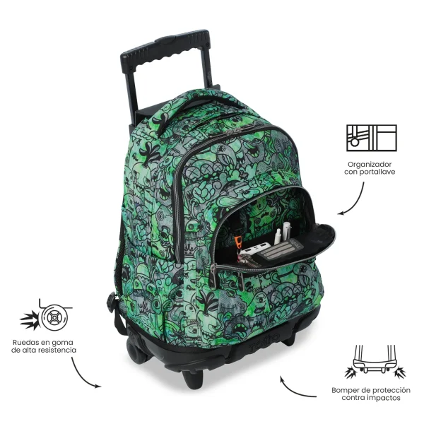 MOCHILA TOTTO ESCOLAR CARRO FIJO ESTAMPADO VERDE - Imagen 6